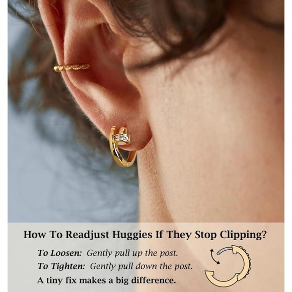 14k Gold Plated Twisted Nail Huggie Earrings Small Hoop Gold Hypoallergenic CZ - Picture 5 of 5